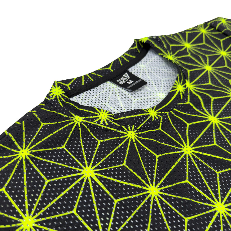 First Earth Asanoha Yellow mesh t-shirt close up showing collar, tag, and breathable fabric