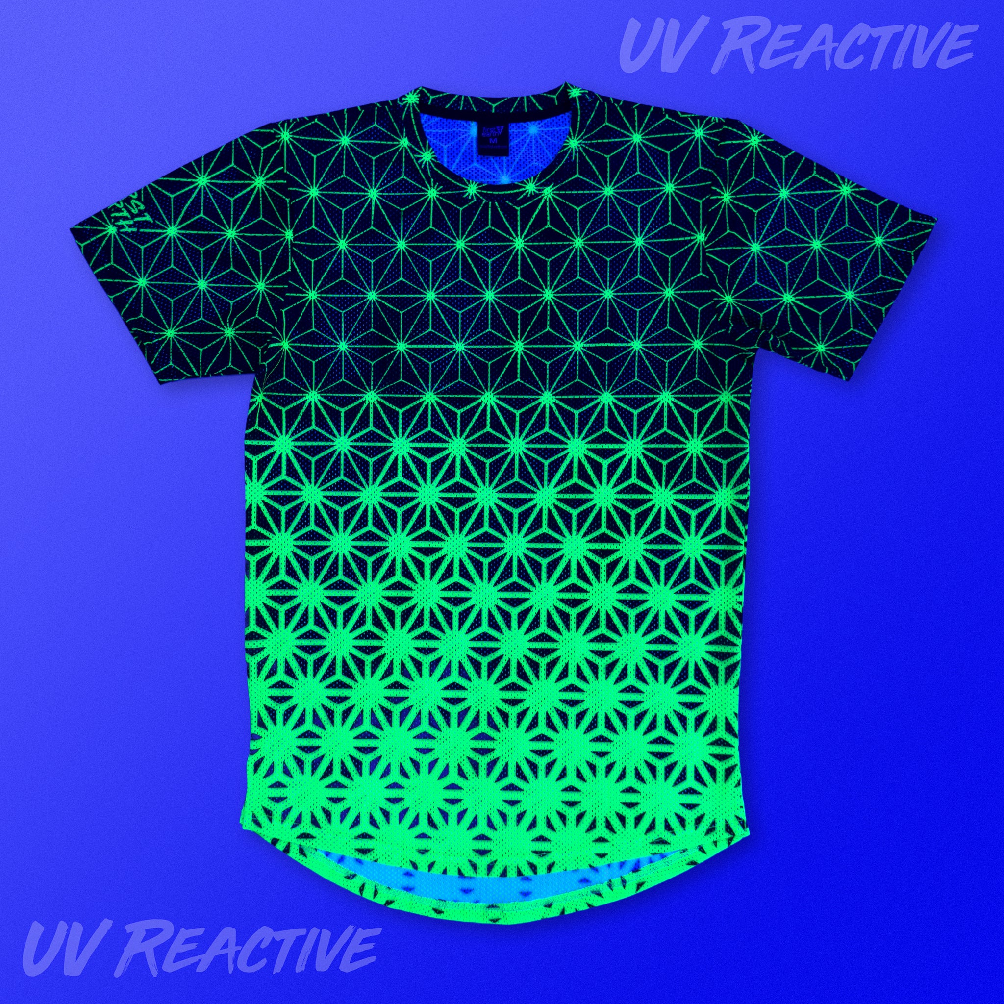 First Earth Asanoha Yellow UV mesh t-shirt glowing green under black light