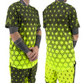 First Earth Asanoha Yellow UV mesh t-shirt on model showing front and back views with neon yellow geometric asanoha print