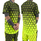 First Earth Asanoha Yellow UV mesh t-shirt on model showing front and back views with neon yellow geometric asanoha print