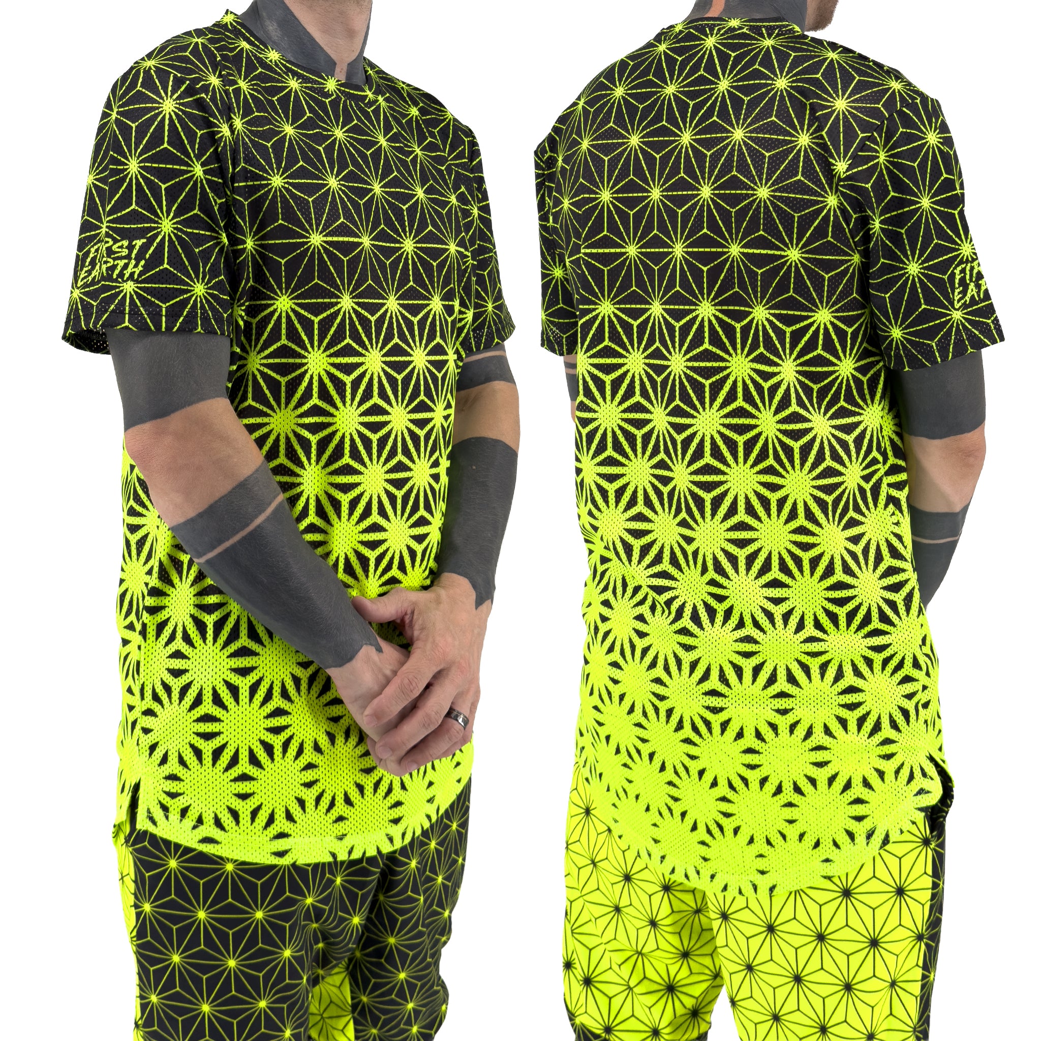 First Earth Asanoha Yellow UV mesh t-shirt on model showing front and back views with neon yellow geometric asanoha print