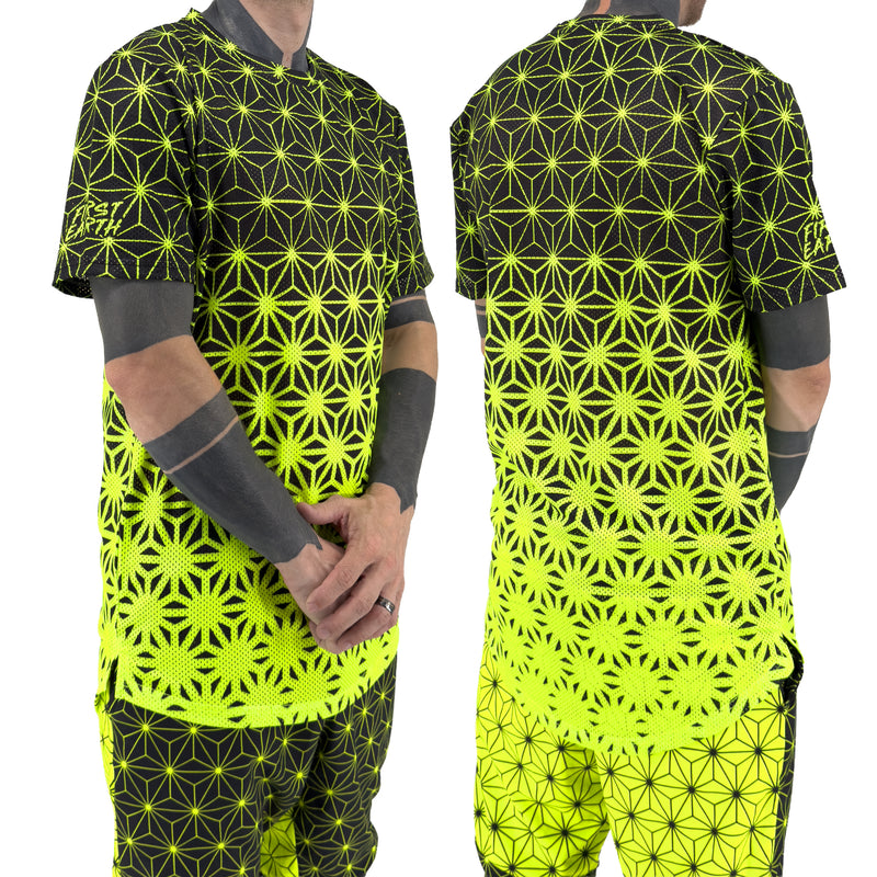 First Earth Asanoha Yellow UV mesh t-shirt on model showing front and back views with neon yellow geometric asanoha print