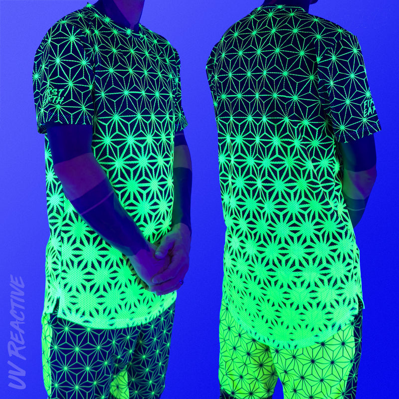 First Earth Asanoha Yellow UV mesh t-shirt under blacklight on model showing glowing green yellow asanoha pattern front and back