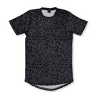First Earth Midnight Cheetah velvet t-shirt front with dark gray black cheetah print