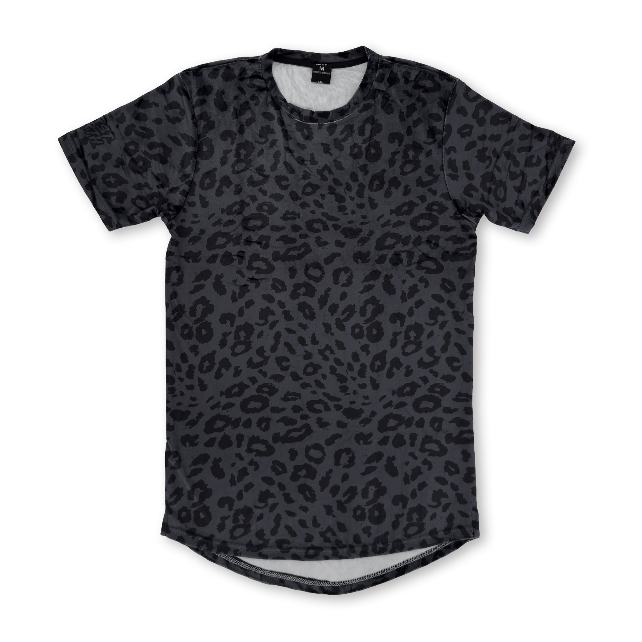 First Earth Midnight Cheetah velvet t-shirt front with dark gray black cheetah print