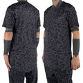 First Earth Midnight Cheetah mesh t-shirt on model showing front and back views with dark grey black cheetah print