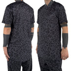 First Earth Midnight Cheetah mesh t-shirt on model showing front and back views with dark grey black cheetah print