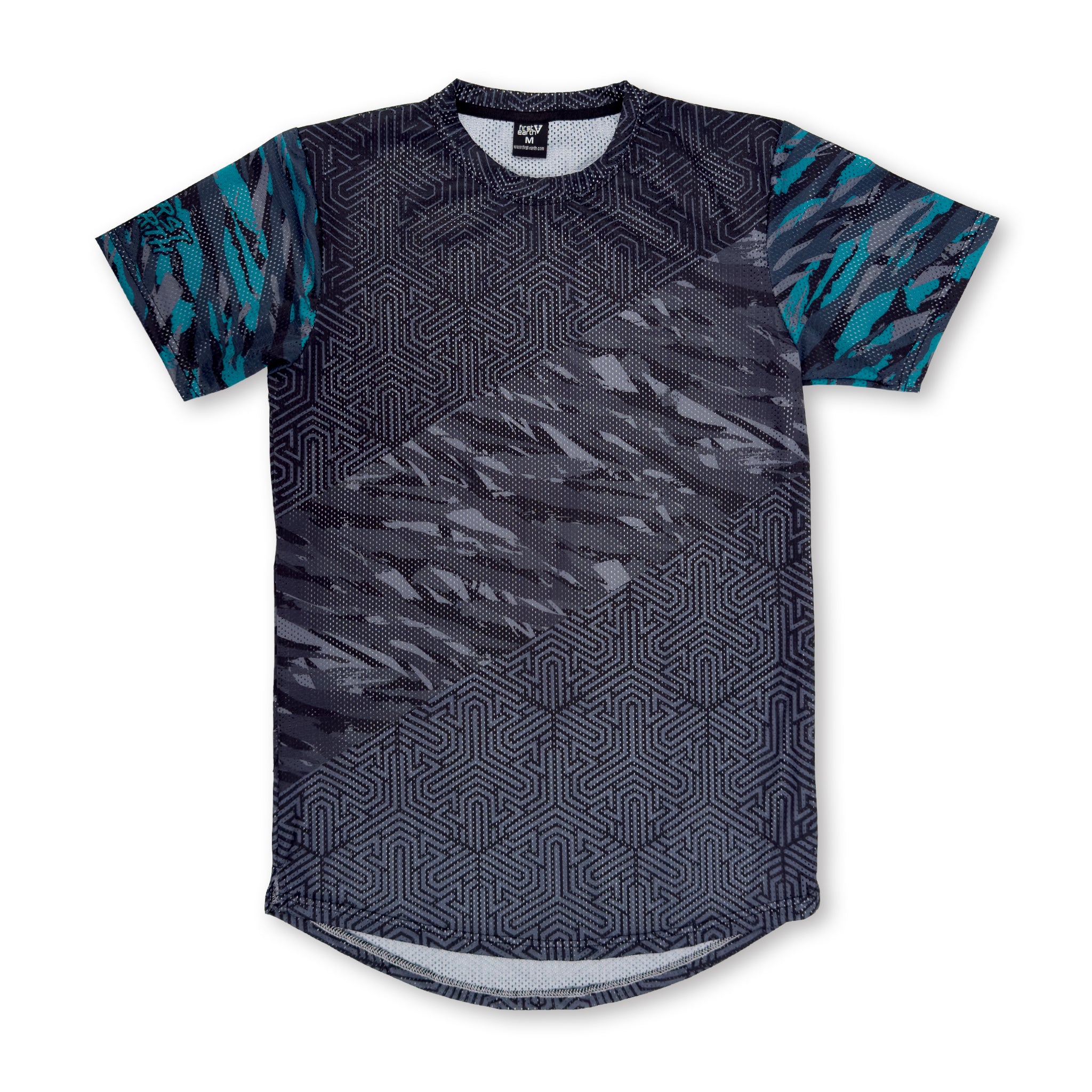 First Earth Shadow mesh t-shirt front with dark geometric pattern and teal sleeve accents