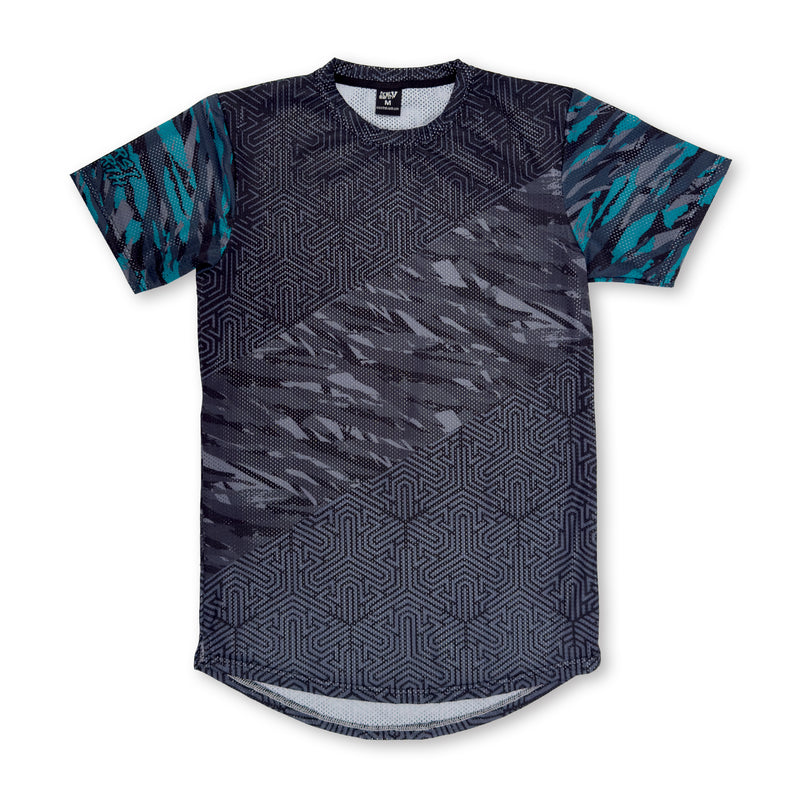 First Earth Shadow mesh t-shirt front with dark geometric pattern and teal sleeve accents