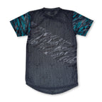 First Earth Shadow mesh t-shirt back with dark geometric pattern and teal sleeve accents