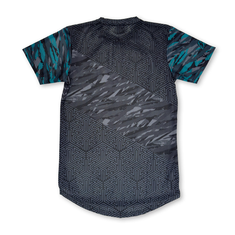 First Earth Shadow mesh t-shirt back with dark geometric pattern and teal sleeve accents
