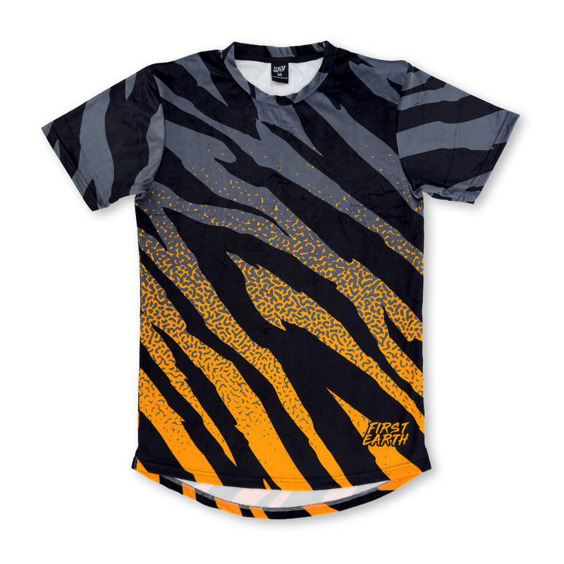 First Earth Sacred Stripes UV velvet t-shirt front with black gray and orange tiger stripe pattern