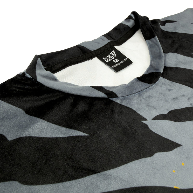 First Earth Sacred Stripes velvet t-shirt close up showing collar, tag, and soft fabric