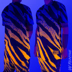 First Earth Sacred Stripes UV mesh t-shirt under blacklight on model showing glowing orange tiger stripe design front and back