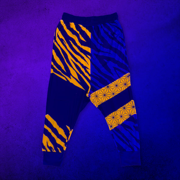 Sacred Stripes - UV - Velvet Harem Joggers under blacklight