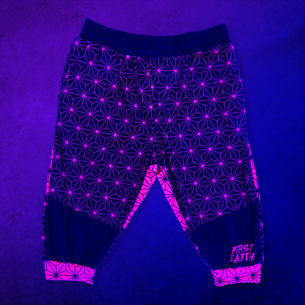 Asanoha Pink - UV - Velvet 3/4 Jogger Shorts under blacklight