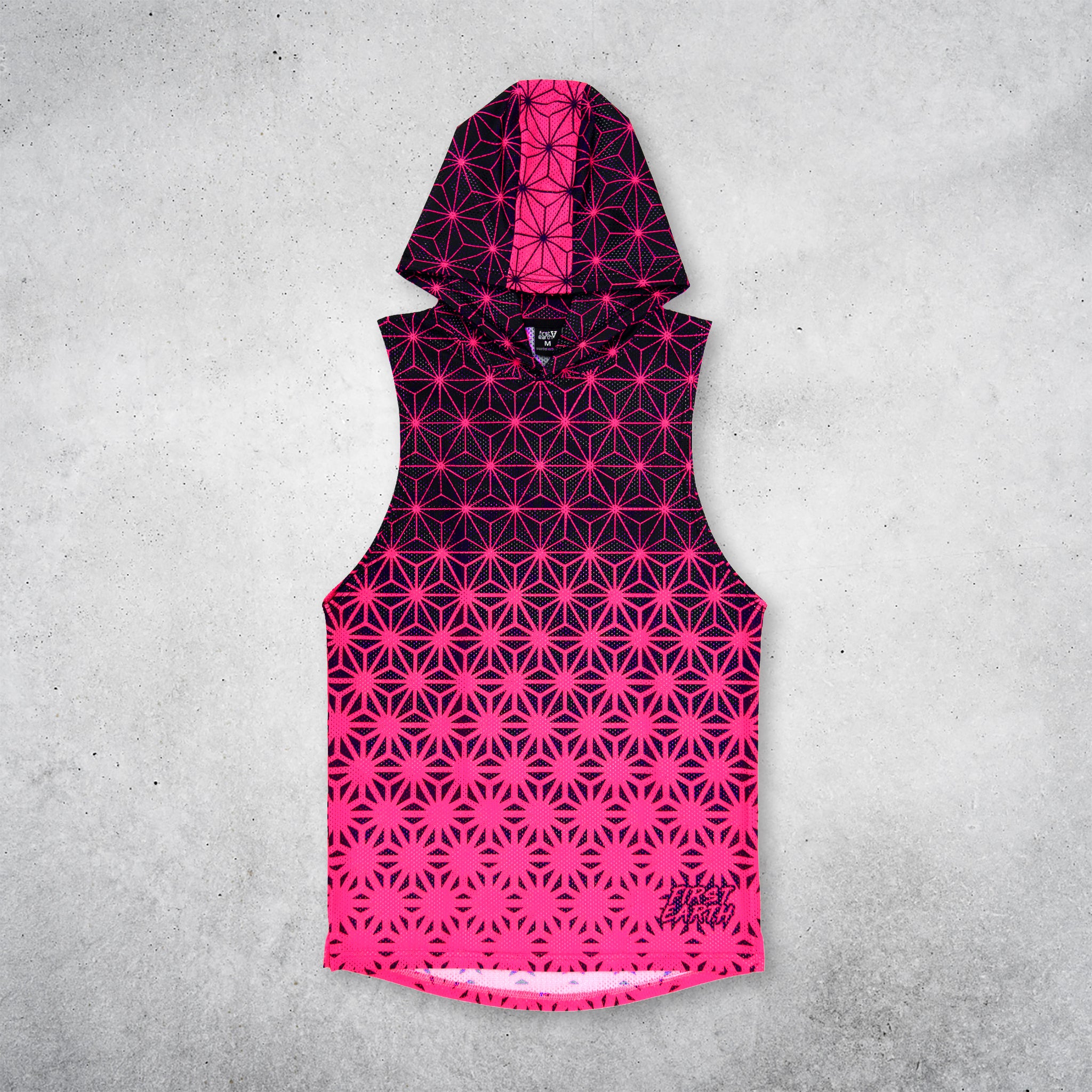 First Earth Asanoha Pink UV mesh hooded tank front, featuring a black sleeveless hooded tank with bright pink asanoha geometric pattern and a pink gradient concentrated toward the bottom