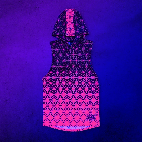 Asanoha Pink - UV - Mesh Hooded Tank under blacklight