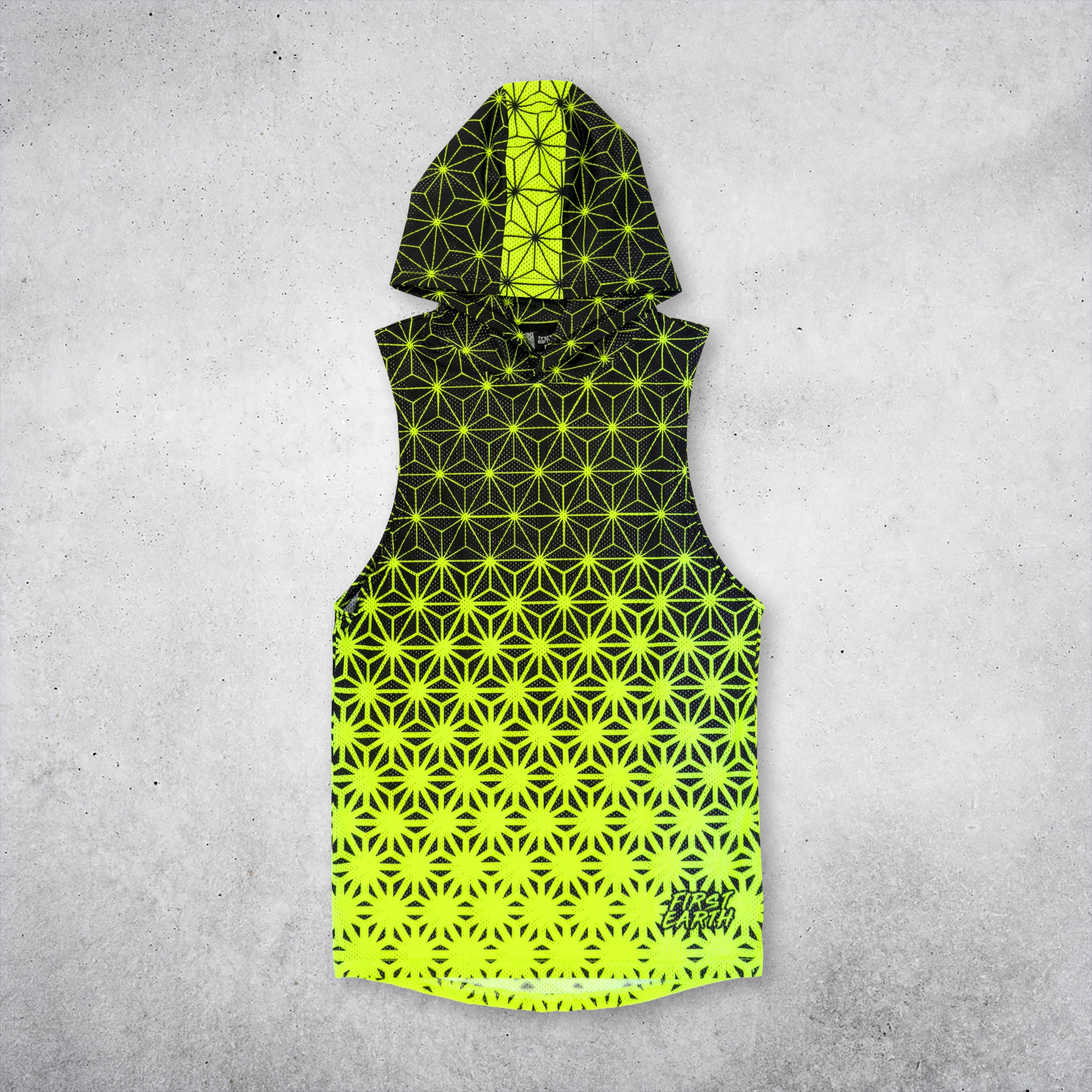 First Earth Asanoha Yellow UV mesh hooded tank front, featuring a black sleeveless hooded tank with a neon yellow asanoha geometric pattern and a brighter yellow gradient concentrated toward the bottom