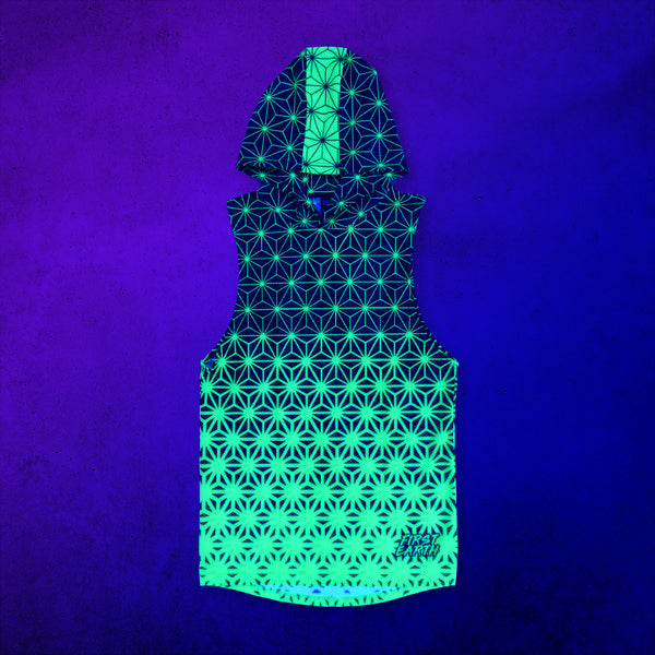 Asanoha Yellow - UV - Mesh Hooded Tank under blacklight