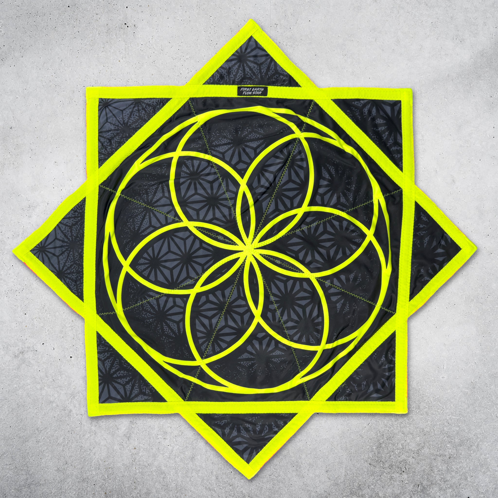 Flower of Life Midnight 36 inch UV flow star front with neon yellow trim by First Earth