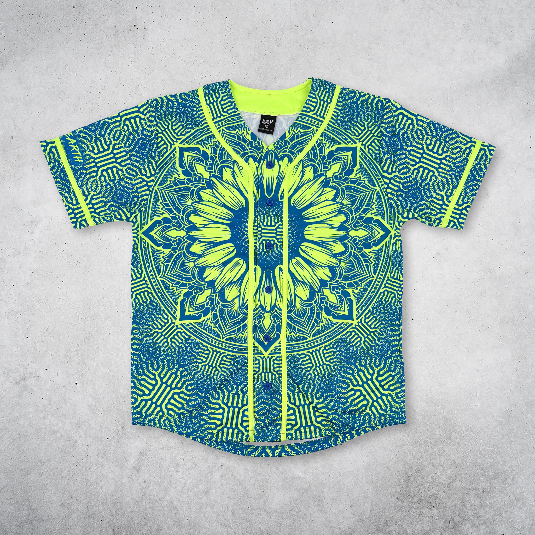 First Earth Sunflower of Life baseball jersey front with yellow sunflower mandala design