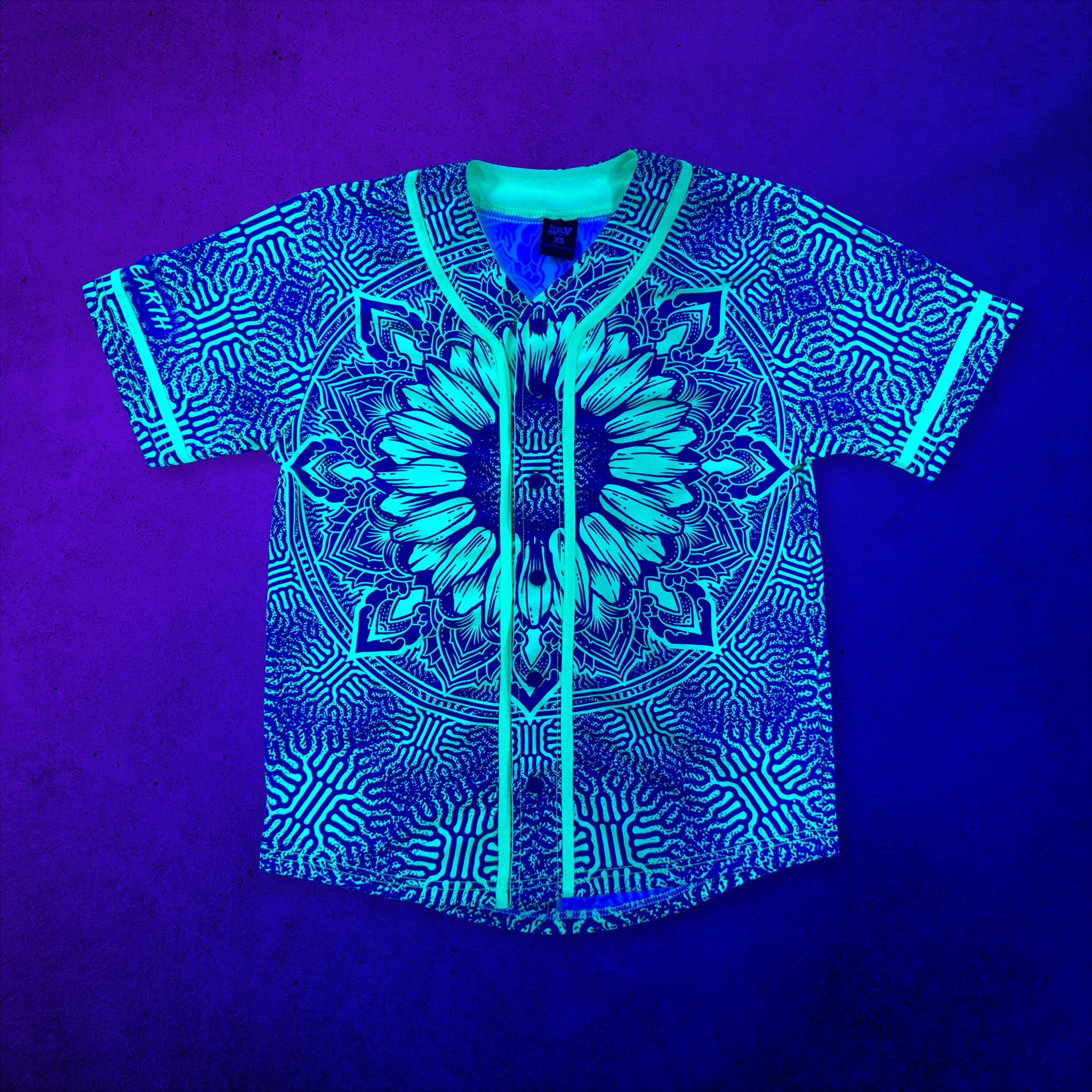 First Earth Sunflower of Life rave baseball jersey glowing under UV blacklight