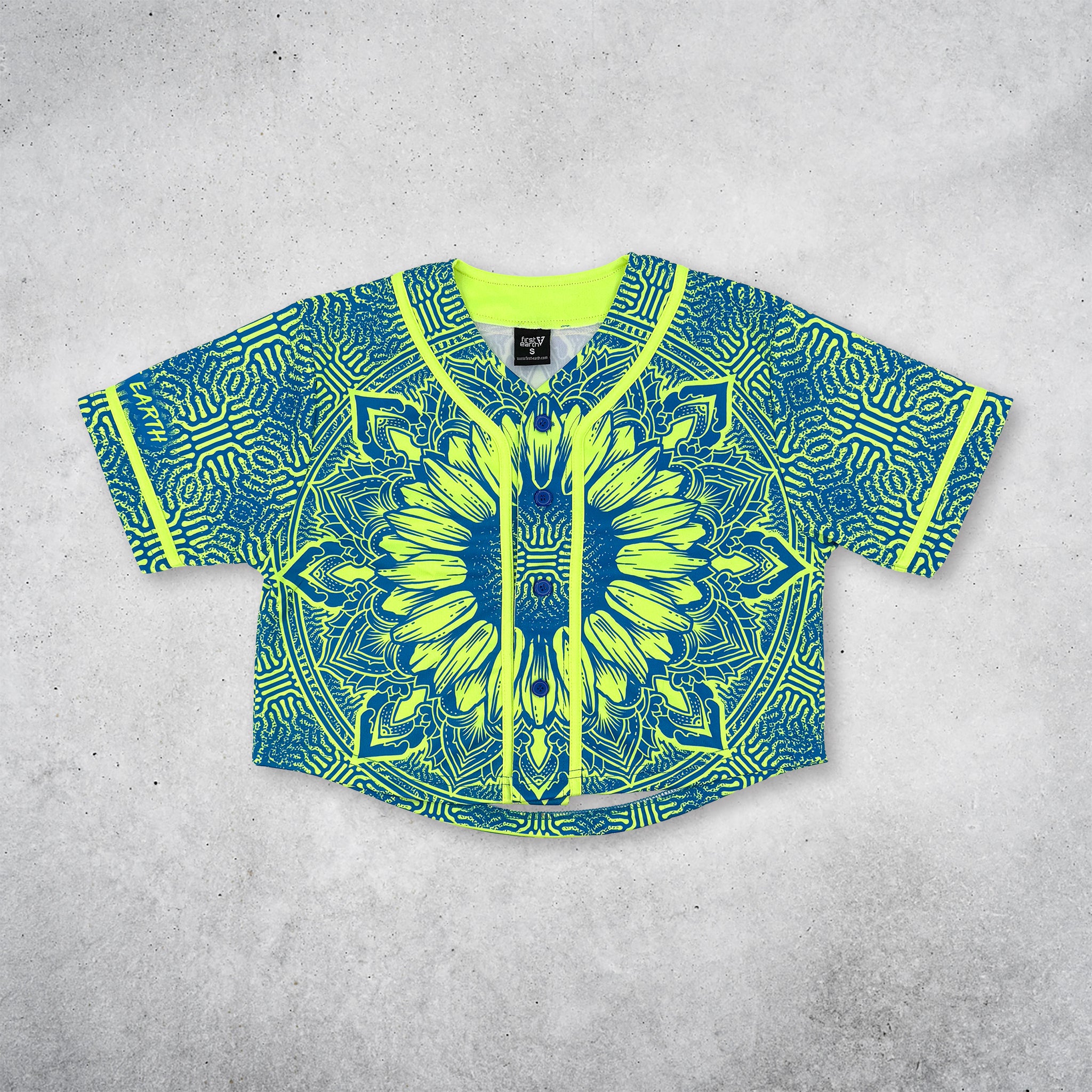 First Earth Sunflower of Life crop baseball jersey with yellow sunflower mandala design