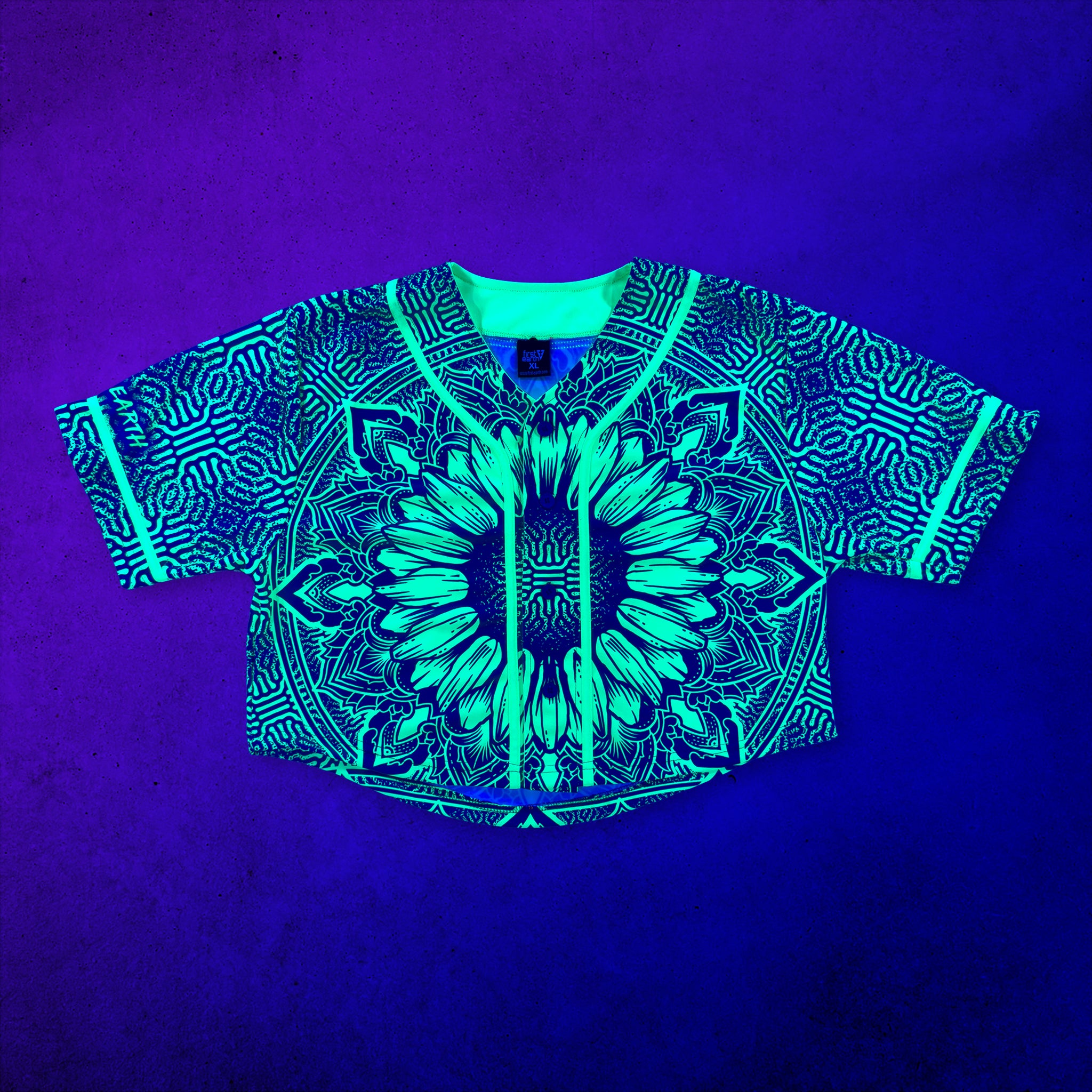 First Earth Sunflower of Life UV-reactive crop baseball jersey glowing under blacklight