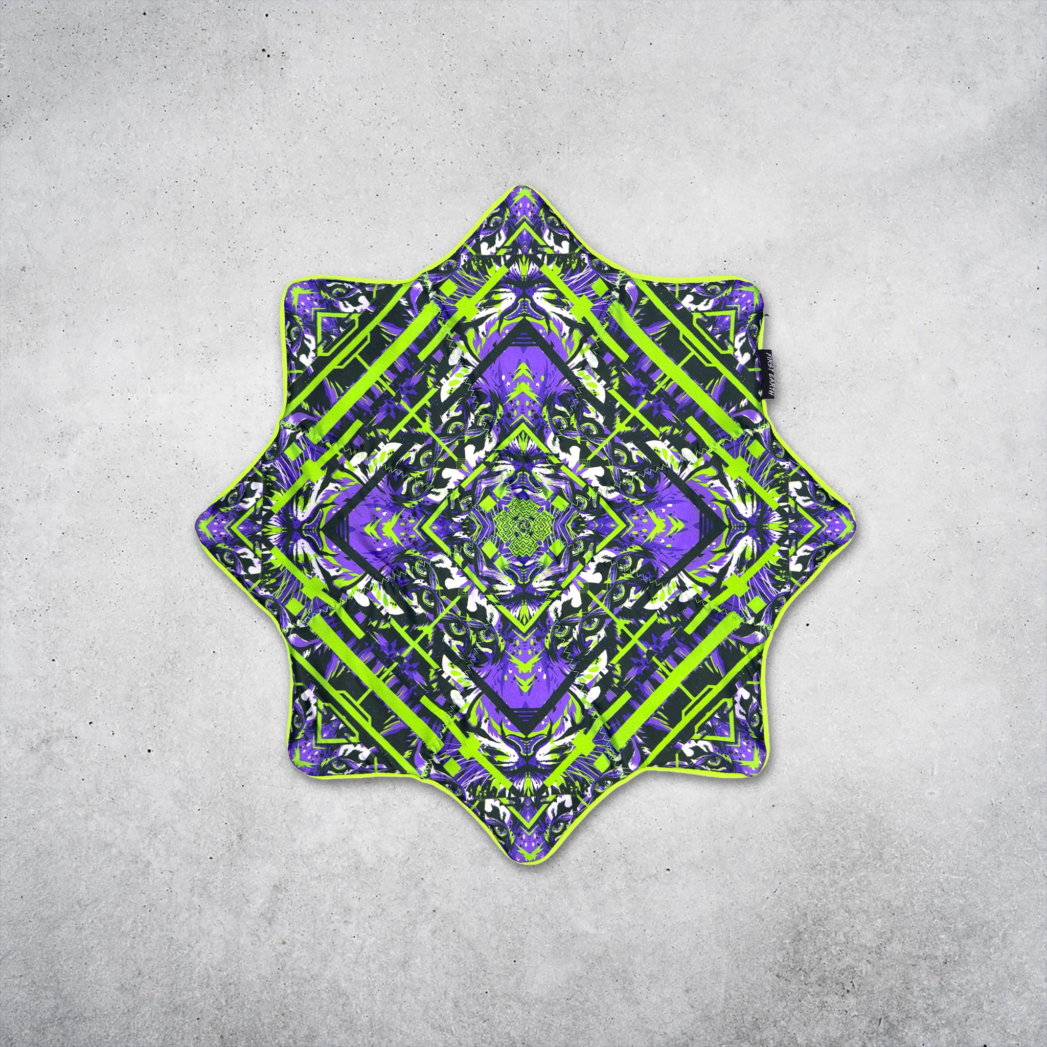 Glitch Tiger Purple 20 inch UV Flow Star by First Earth spinning, front side