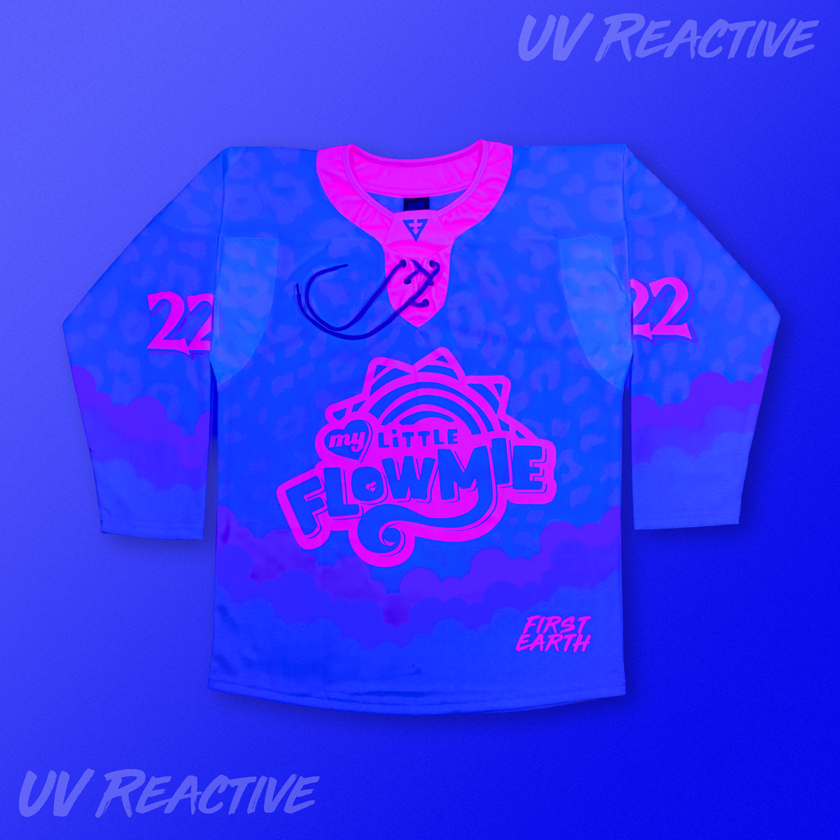 My Little Flowmie Pink Pony Club UV reactive jersey under blacklight