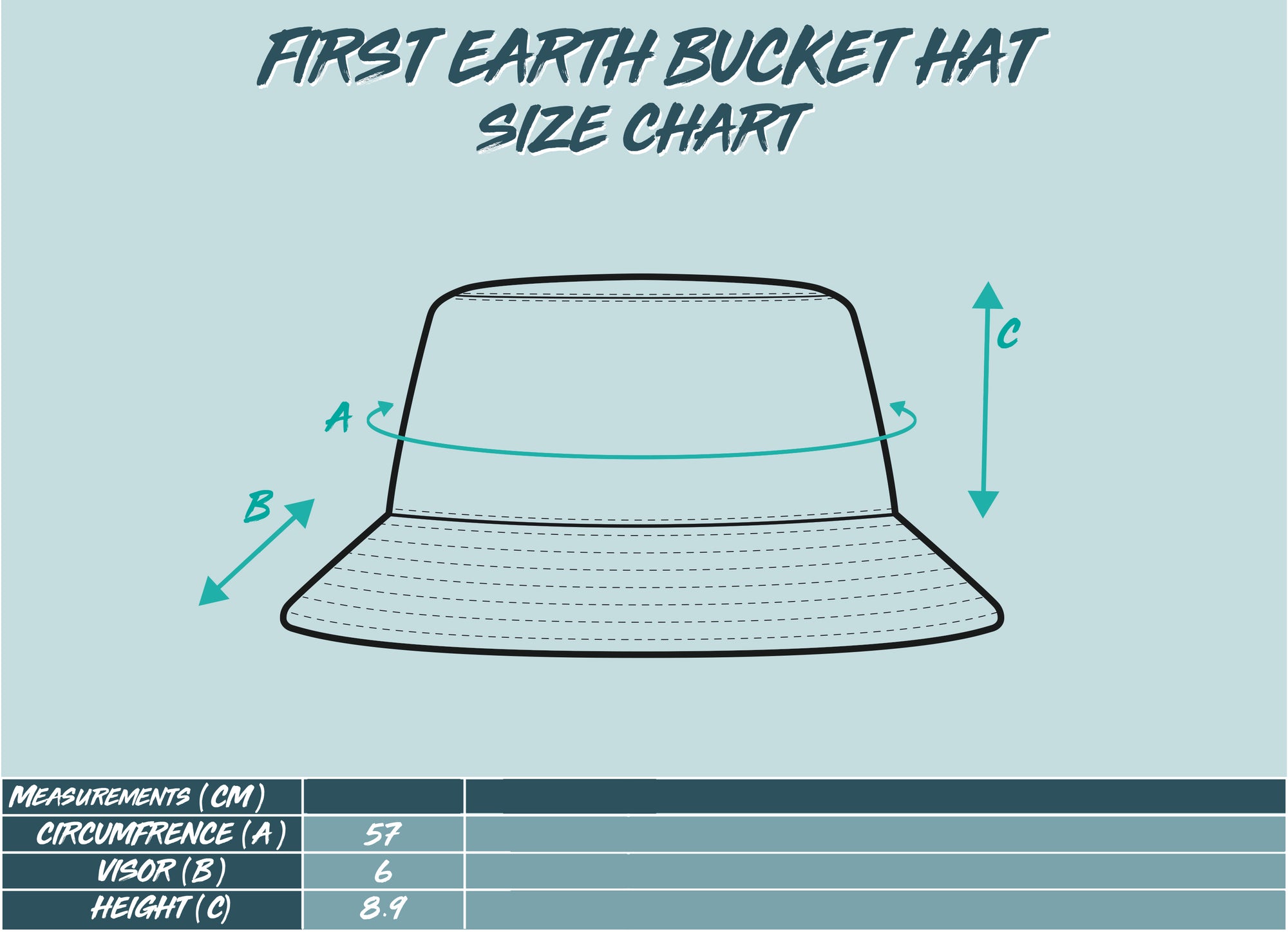 First Earth Size chart for UV reactive festival rave bucket hat with measurements