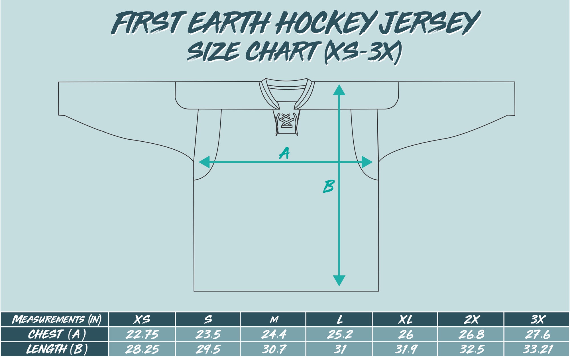 First Earth hockey jersey size chart – measurements guide for oversized rave jerseys, helps choose the right fit for festivals and flow arts