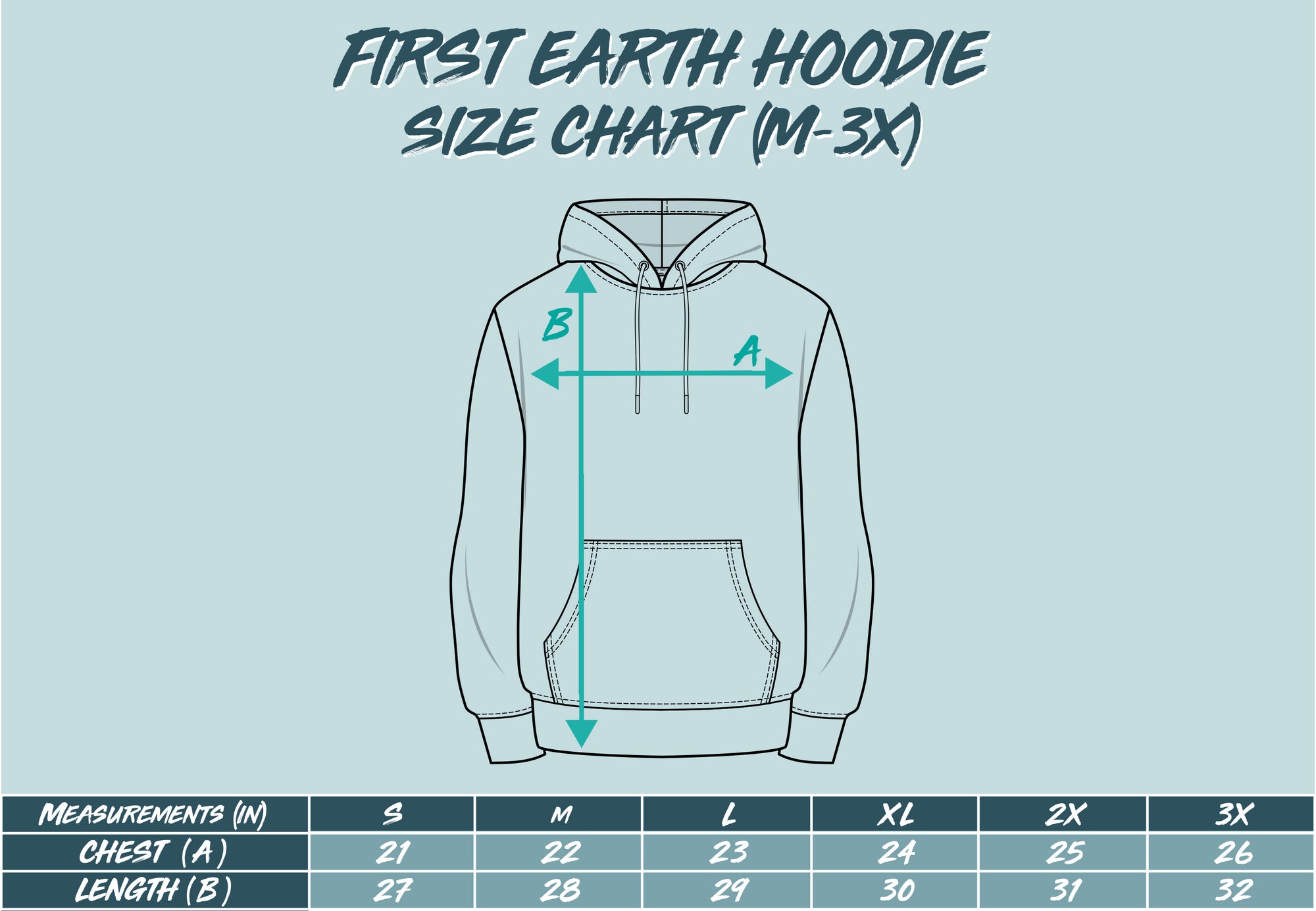 First Earth hoodie size chart – sizing guide for UV zip-up rave hoodies, helps festival-goers and flow artists choose the right fit