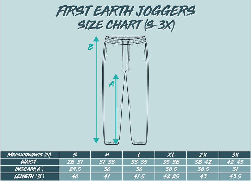 First Earth jogger size chart – sizing guide for rave-ready joggers, helps festival-goers and flow artists find the perfect fit