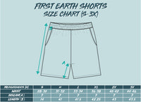 First Earth shorts size chart – sizing guide for rave-ready UV and graphic festival shorts, helps flow artists and dancers choose the right fit