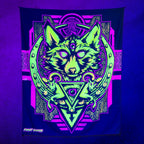Wolf Totem UV tapestry by First Earth glowing under UV black light