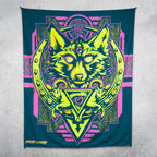 Wolf Totem UV tapestry by First Earth in normal light, showing the full printed design