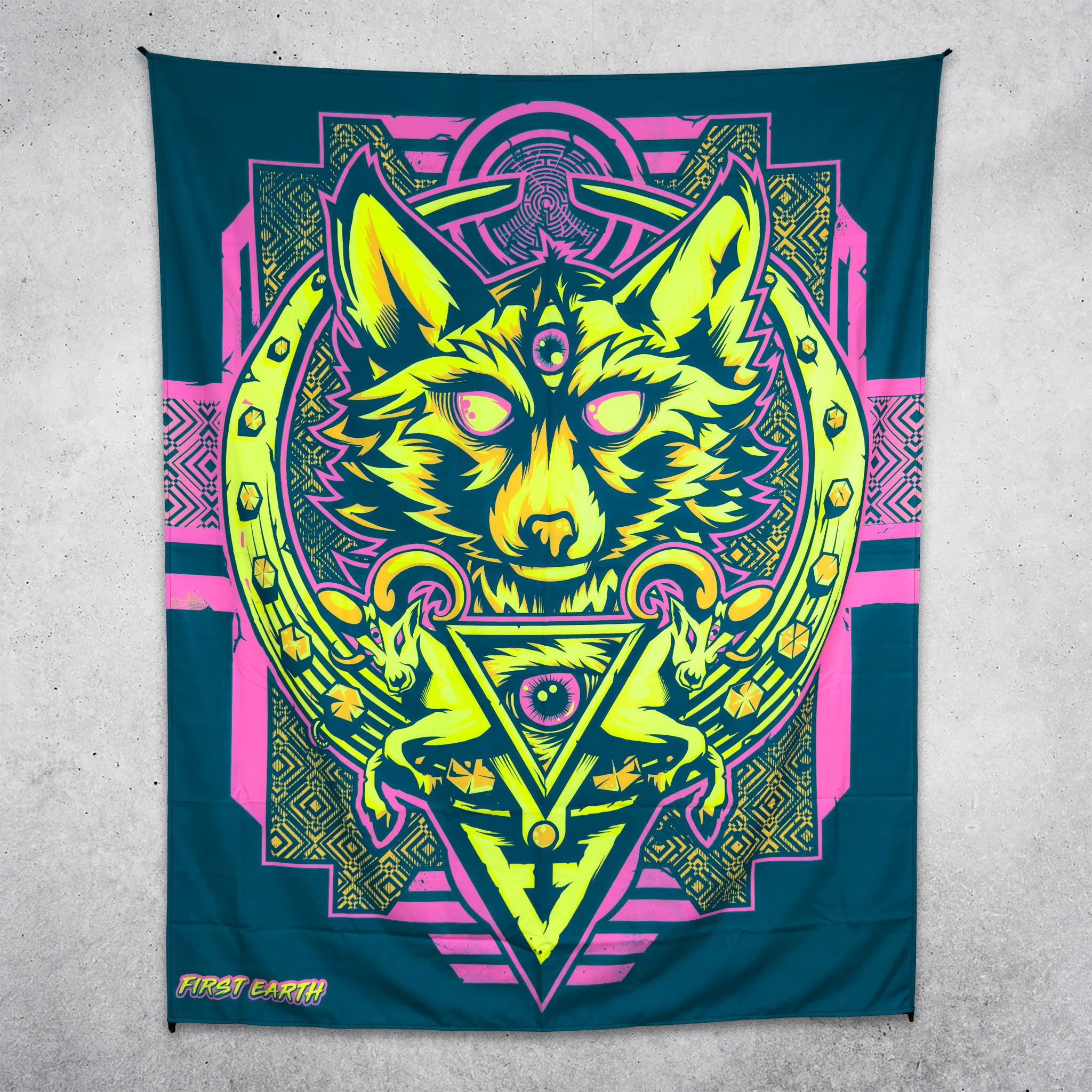 Wolf Totem UV tapestry by First Earth in normal light, showing the full printed design