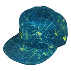Camelot snapback hat by First Earth – attention-grabbing teal and yellow rave cap with bold pattern, 100% polyester, custom sweatband, satin liner with hidden pocket, limited-edition design 