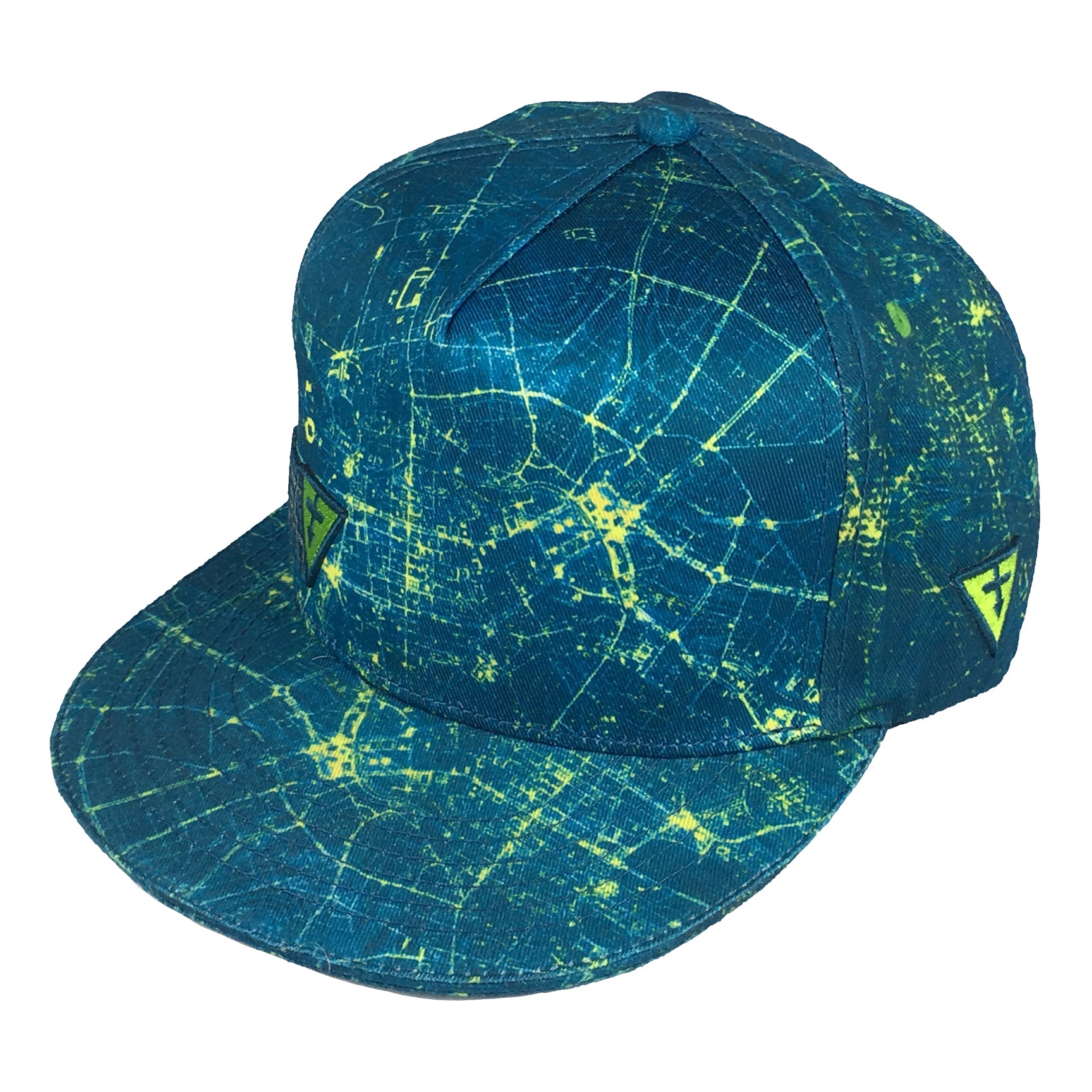 Camelot snapback hat by First Earth – attention-grabbing teal and yellow rave cap with bold pattern, 100% polyester, custom sweatband, satin liner with hidden pocket, limited-edition design 