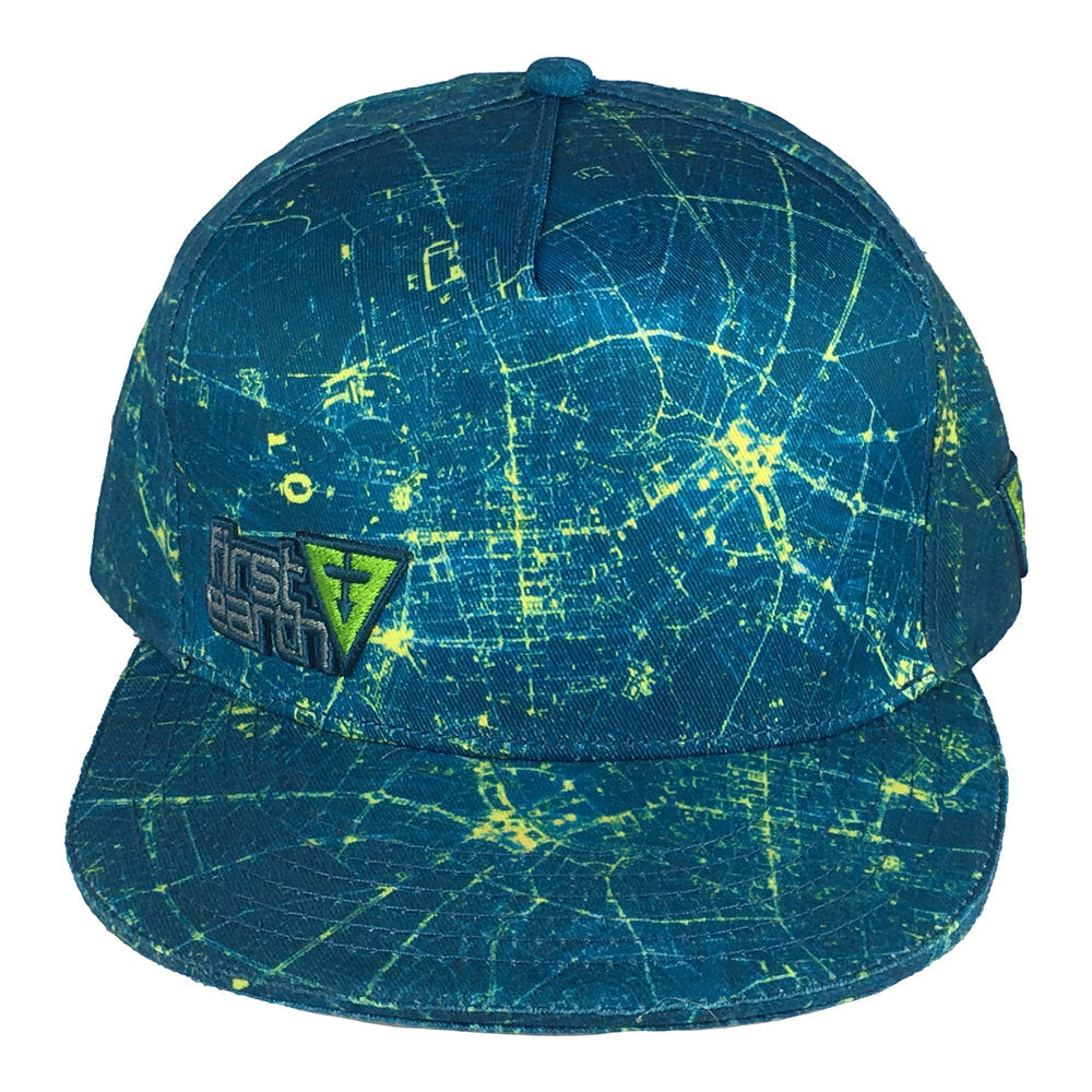 Camelot snapback hat by First Earth – attention-grabbing teal and yellow rave cap with bold pattern, 100% polyester, custom sweatband, satin liner with hidden pocket, limited-edition design 