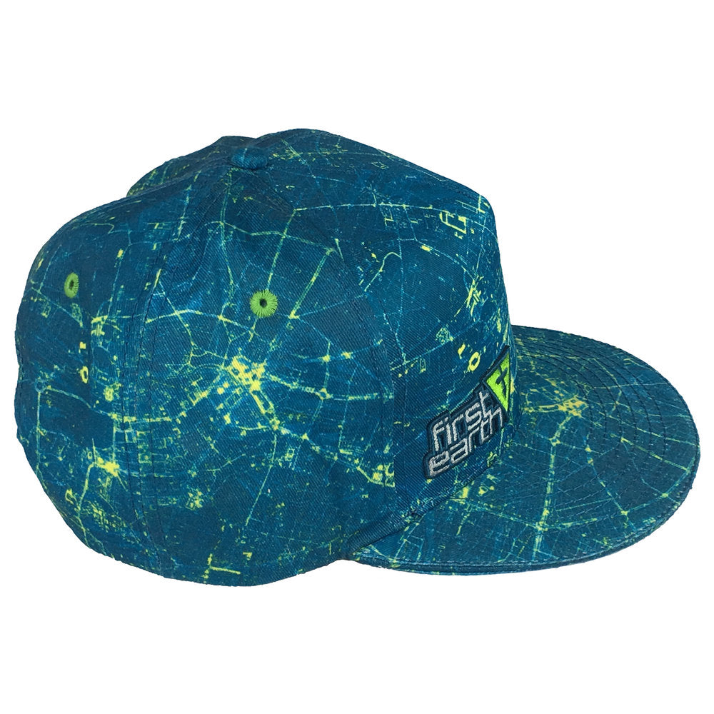 Camelot snapback hat by First Earth – attention-grabbing teal and yellow rave cap with bold pattern, 100% polyester, custom sweatband, satin liner with hidden pocket, limited-edition design 