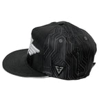 Circuit snapback hat by First Earth – tech-y rave lid with popping 3D embroidery, ballistic nylon fabric, custom sweatband, satin liner, and hidden pocket—limited edition festival accessory 