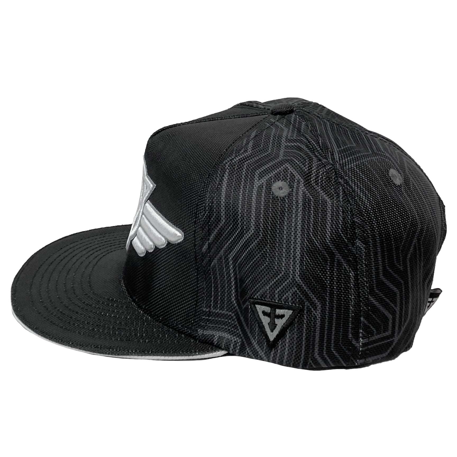 Circuit snapback hat by First Earth – tech-y rave lid with popping 3D embroidery, ballistic nylon fabric, custom sweatband, satin liner, and hidden pocket—limited edition festival accessory 