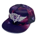 Galactic Glitch snapback hat by First Earth – vibrant rave-inspired full-color print on 100% polyester, custom sweatband, satin liner with hidden pocket, and durable double snapback closure 