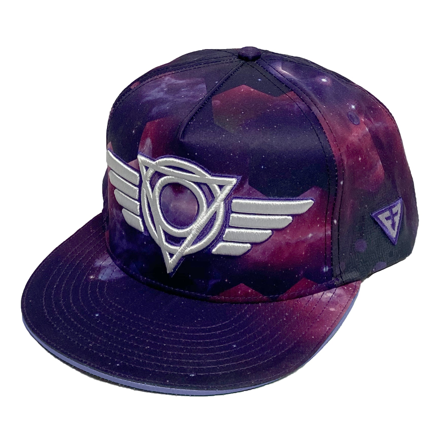 Galactic Glitch snapback hat by First Earth – vibrant rave-inspired full-color print on 100% polyester, custom sweatband, satin liner with hidden pocket, and durable double snapback closure 