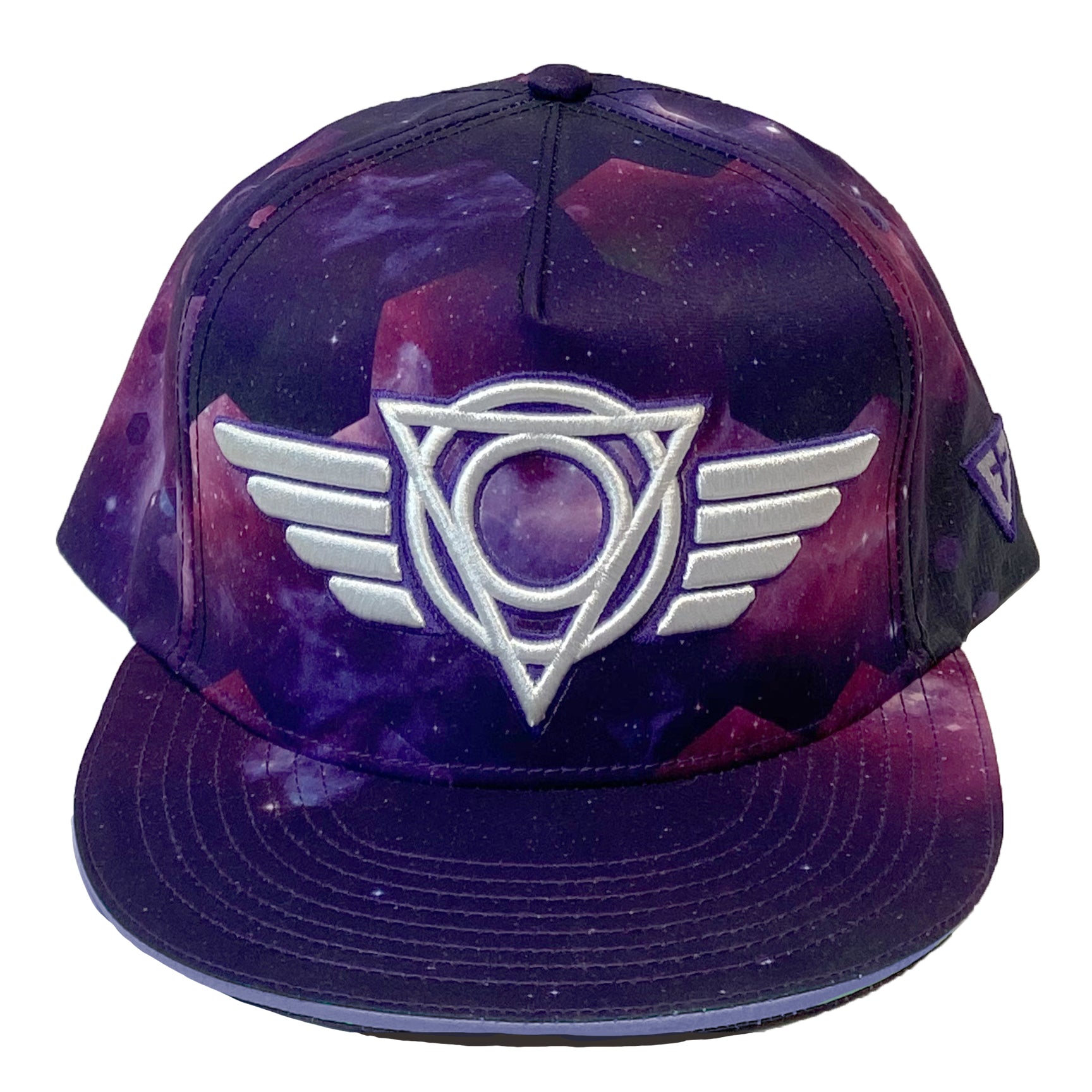 Galactic Glitch snapback hat by First Earth – vibrant rave-inspired full-color print on 100% polyester, custom sweatband, satin liner with hidden pocket, and durable double snapback closure 