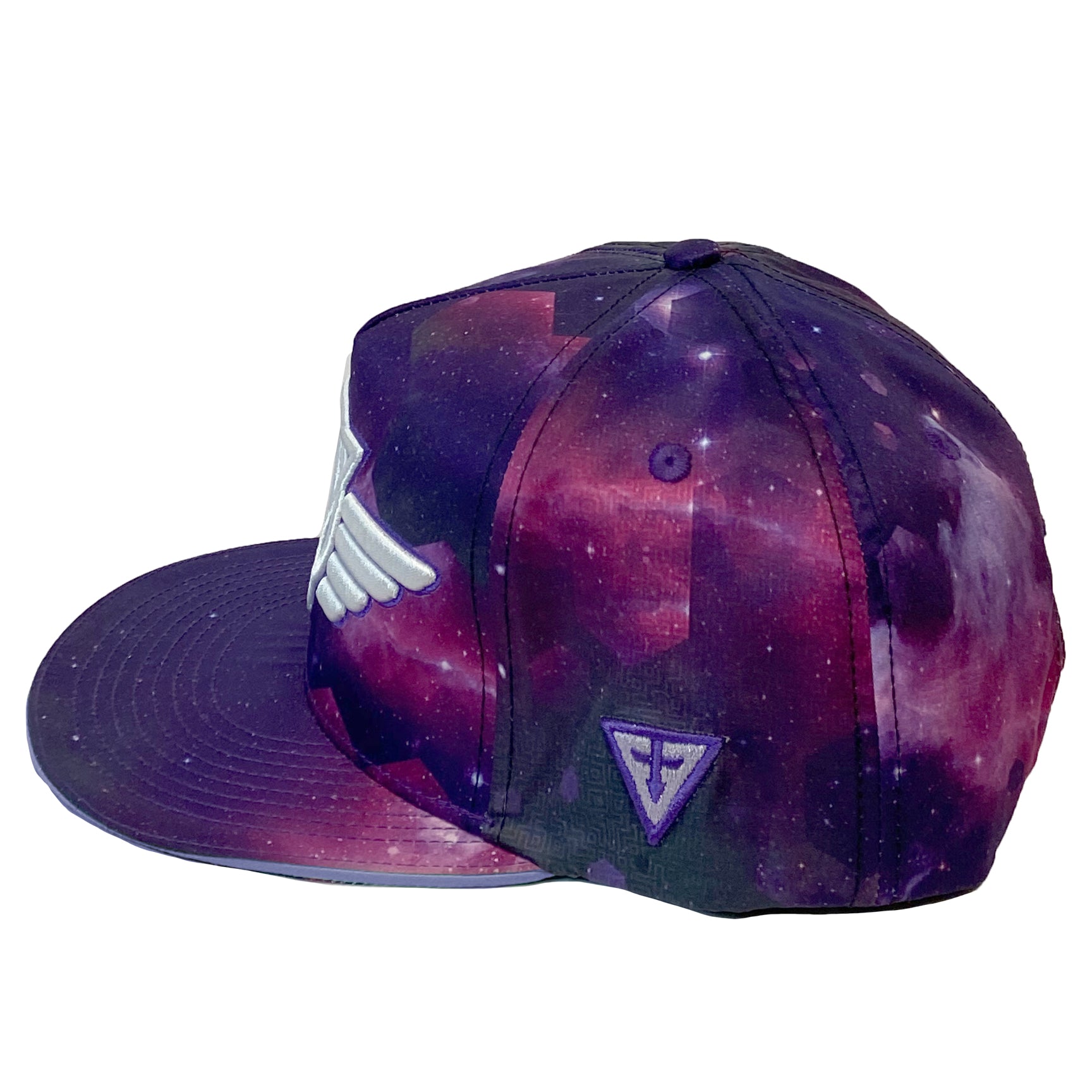 Galactic Glitch snapback hat by First Earth – vibrant rave-inspired full-color print on 100% polyester, custom sweatband, satin liner with hidden pocket, and durable double snapback closure 