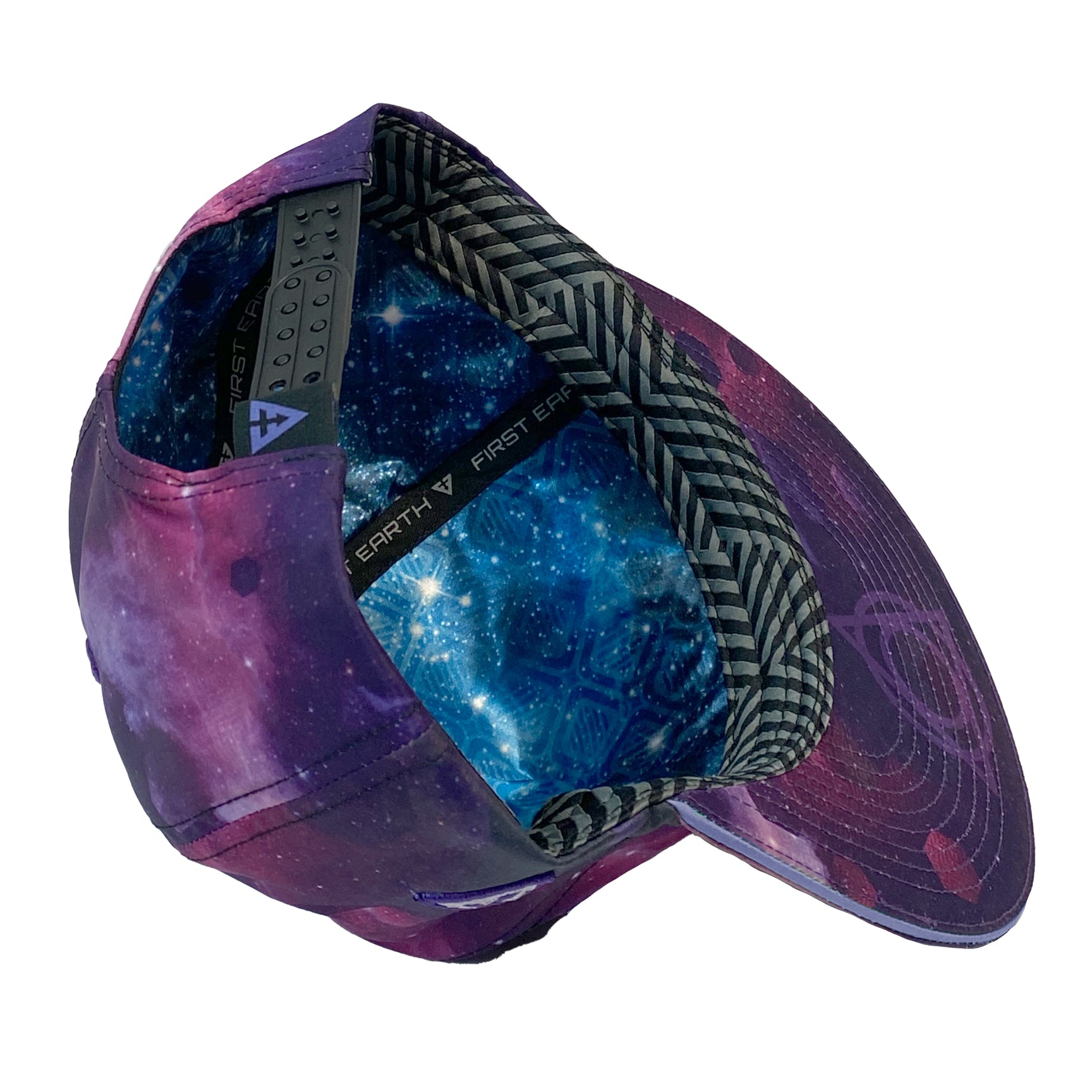 Galactic Glitch snapback hat by First Earth – vibrant rave-inspired full-color print on 100% polyester, custom sweatband, satin liner with hidden pocket, and durable double snapback closure 